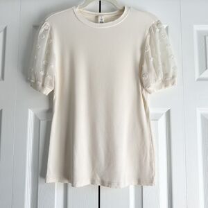 Ribbed Top Size S Off-White Ribbed Sheer Dot Puff Sleeves Cottagecore